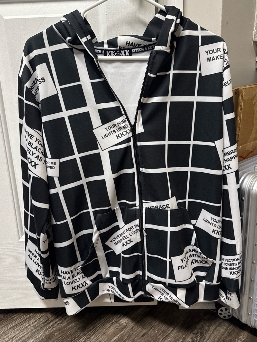 Kitsch Black and White Grid Zip Hoodie with Logo Trim